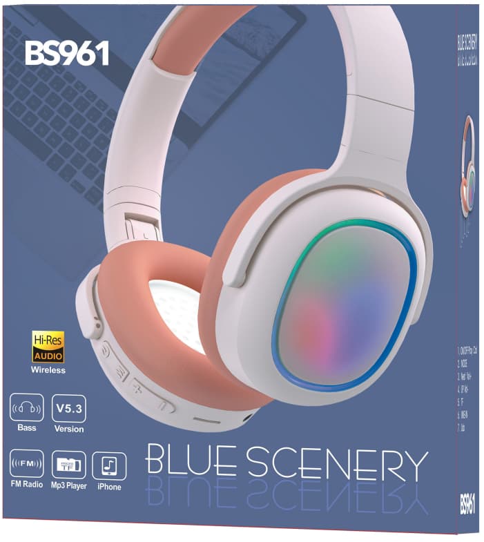 BS961 Wireless Bluetooth Headphones – Hi-Res Audio, LED Light Display, FM Radio, MP3 Player, Bluetooth 5.3, Bass Boost, Foldable Over-Ear Design