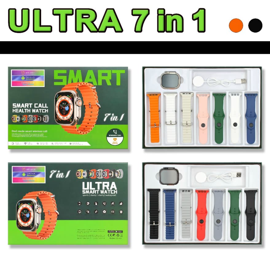 Ultra 7-in-1 Smartwatch – Bluetooth Calling, Health & Fitness Tracker, 2.0” Display, 7 Strap Combo, Android Compatible