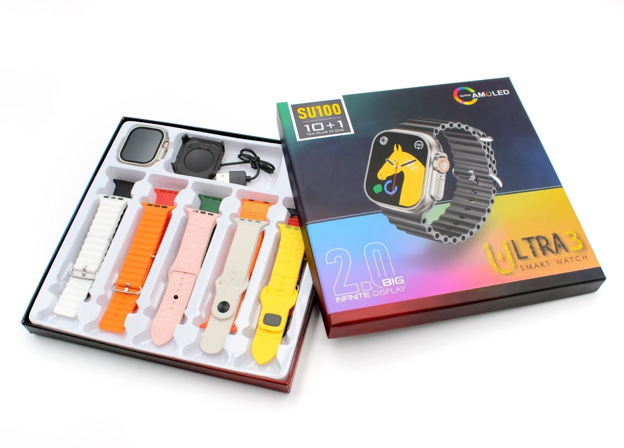 SU100 Ultra 3 Smartwatch – 2.0" Super AMOLED Display, Bluetooth Call, 10+1 Strap Combo, Fitness & Health Tracker
