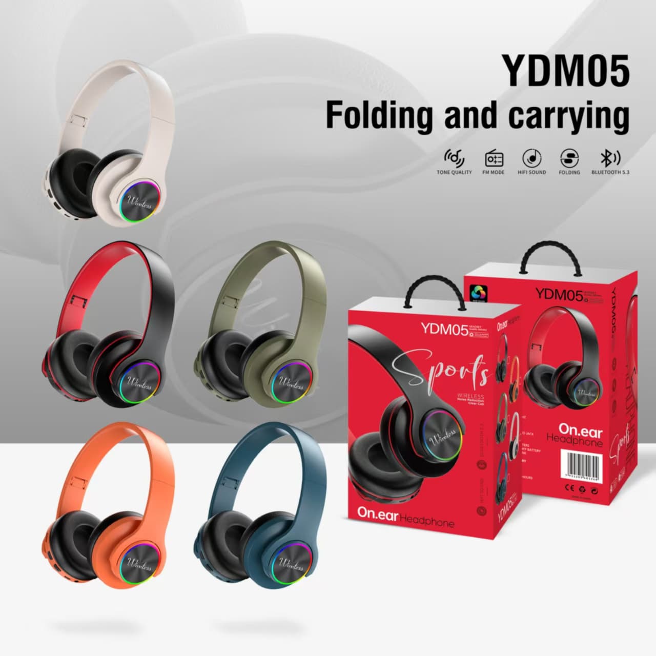YDM05 Wireless Bluetooth Headphones – Foldable On-Ear Design, FM Radio, HiFi Sound, Bluetooth 5.3, LED Light Ring, Multiple Colors