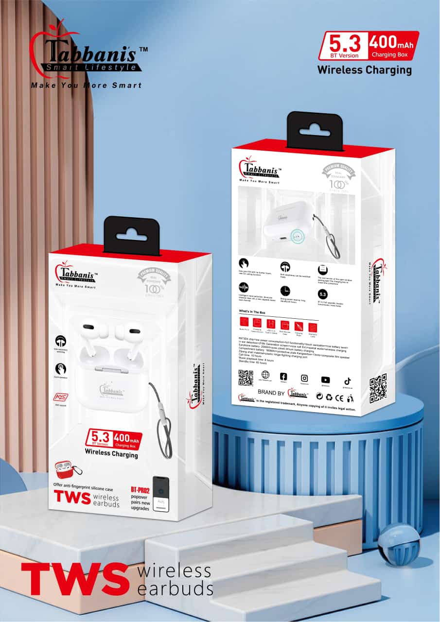 Tabbanis BT PRO 2 Wireless Earbuds – Bluetooth 5.3, 400mAh Charging Case, Wireless Charging, Touch Control, Anti-Fingerprint Silicone Case