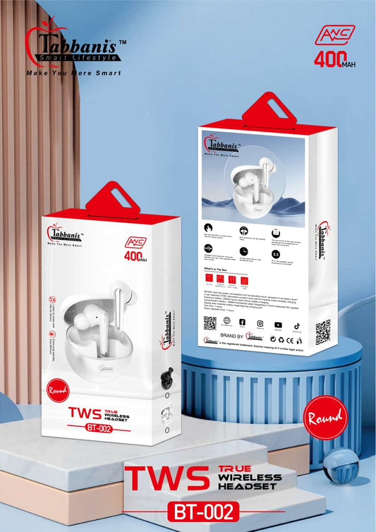BT-002 TWS Wireless Earbuds with ANC, Bluetooth 5.3, 400mAh Charging Case & Round Design – Tabbani’s Smart Lifestyle